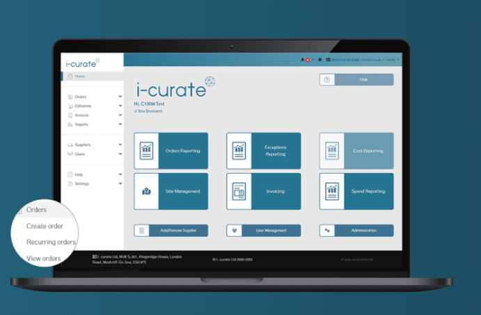 i-curate platform dashboard showing reporting modules and order management